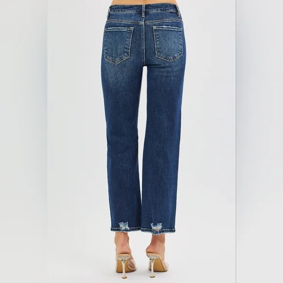 RISEN High-Rise Waist Distressed Patch Knee Straight Leg Pants Ankle Denim Jeans - Picture 5 of 16